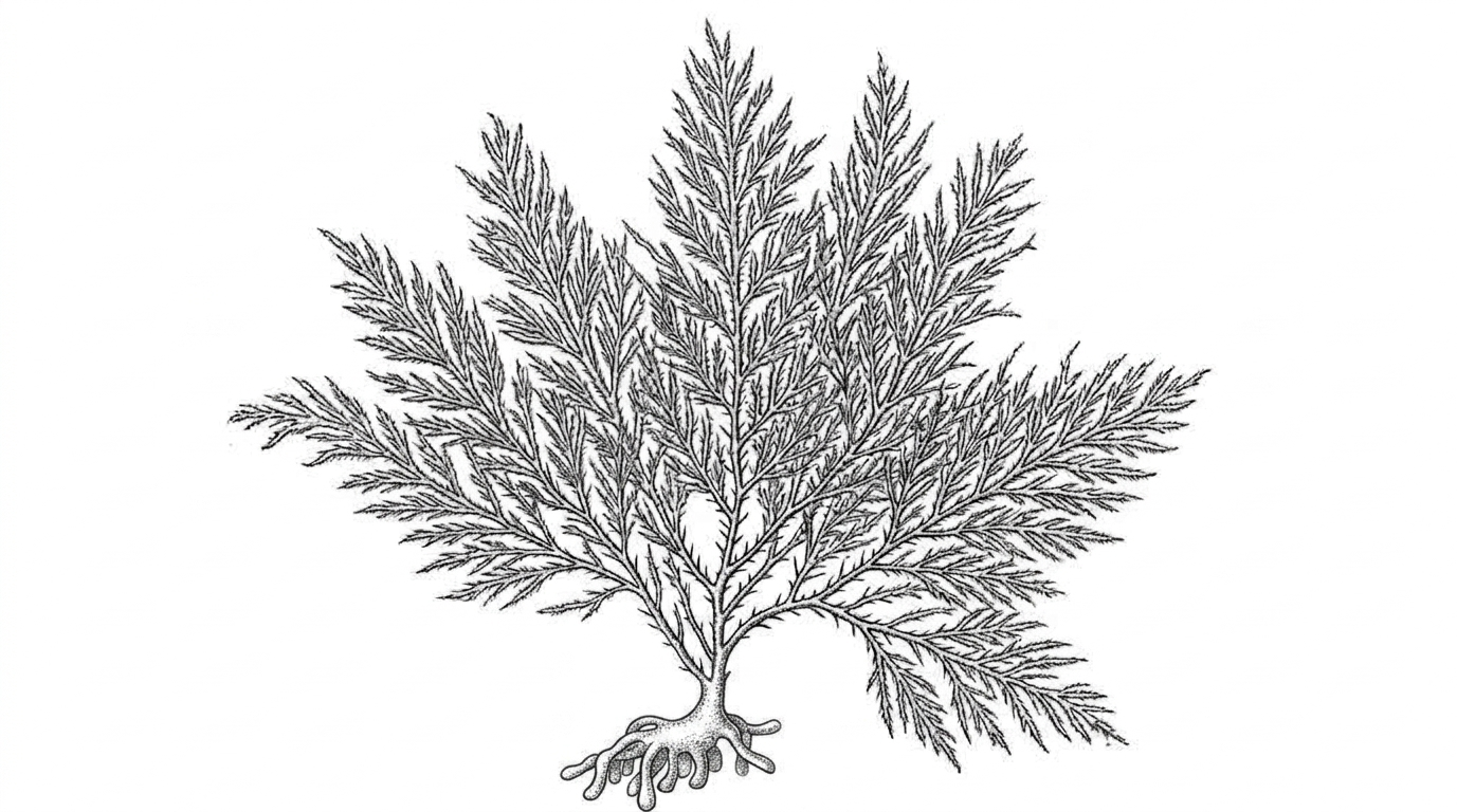 Victorian stipple illustration of desmarestia, a brown alga